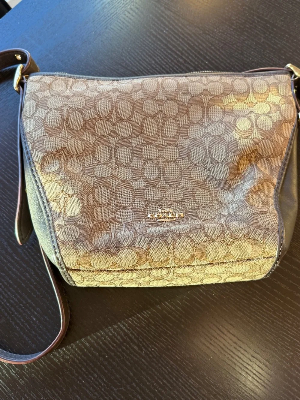 Coach signature khaki and brown canvas crossbody bag w/ brown leather!